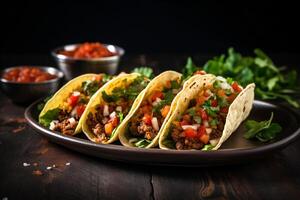 ai généré mexicain tacos avec du boeuf dans tomate sauce et salsa génératif ai photo