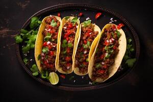 ai généré mexicain tacos avec du boeuf dans tomate sauce et salsa génératif ai photo