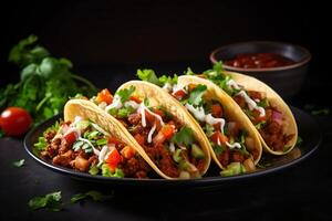 ai généré mexicain tacos avec du boeuf dans tomate sauce et salsa génératif ai photo