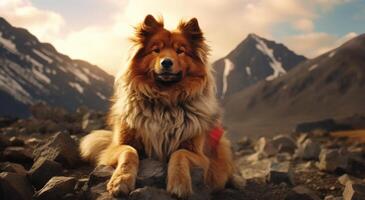 ai généré une chien est séance sur une rochers tandis que pose sur une Montagne photo