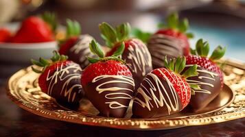 ai généré enrobé de chocolat des fraises sur une magnifique plat. ai généré. photo