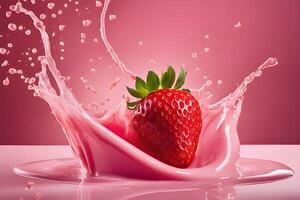 ai généré une fraise est chute dans une fraise Lait liquide, fraise Lait une baignoire la photographie par ai génératif photo