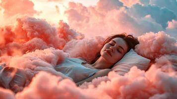 ai généré génératif ai, Jeune femme sont en train de dormir entouré par duveteux cotonneux rose des nuages dans le ciel photo