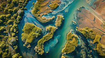 ai généré génératif ai, aérien vue de labyrinthe les voies navigables, drone photo, magnifique paysage photo