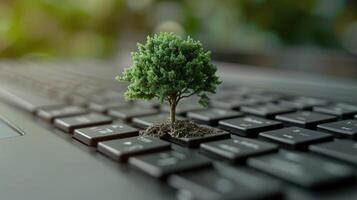 ai généré génératif ai, plante croissance de le portable clavier. écologie et environnement concept photo