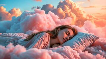 ai généré génératif ai, Jeune femme sont en train de dormir entouré par duveteux cotonneux rose des nuages dans le ciel photo