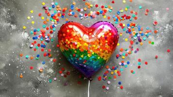 ai généré génératif ai, déjouer lgbt arc en ciel drapeau couleurs des ballons dans cœur forme et confettis pour la Saint-Valentin journée ou mariage avec copie espace photo