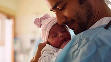 ai généré génératif ai, pédiatre médecin en portant une nouveau née bébé dans hôpital, concept de accouchement et soins de santé professionnels photo