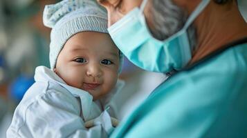 ai généré génératif ai, pédiatre médecin en portant une nouveau née bébé dans hôpital, concept de accouchement et soins de santé professionnels photo