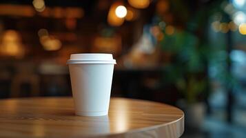 ai généré génératif ai, blanc papier tasse sur le table dans le café magasin intérieur, agresser moquer en haut blanc. photo