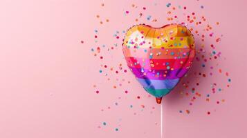 ai généré génératif ai, déjouer lgbt arc en ciel drapeau couleurs des ballons dans cœur forme et confettis pour la Saint-Valentin journée ou mariage avec copie espace photo