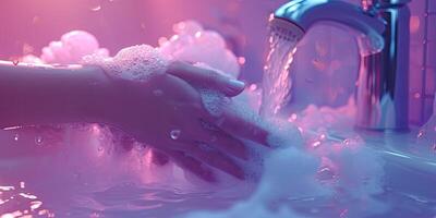 ai généré génératif ai, la personne la lessive mains avec savon et l'eau à couler, hygiène concept photo