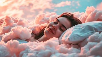 ai généré génératif ai, Jeune femme sont en train de dormir entouré par duveteux cotonneux rose des nuages dans le ciel photo