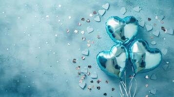 ai généré génératif ai, déjouer bleu des ballons dans cœur forme et confettis pour la Saint-Valentin journée ou mariage avec copie espace photo