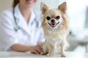 ai généré génératif ai, mignonne petit chien étant examiné par professionnel vétérinaire dans vétérinaire clinique photo