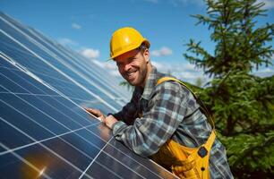 ai généré une ouvrier est en portant un électricien solaire panneau photo