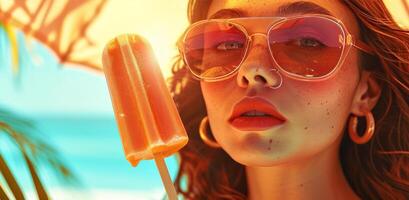 ai généré une femme est en portant une la glace crème pop sur le plage photo