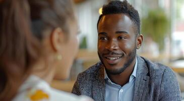 ai généré une homme pourparlers à propos le sien posséder expérience sur un entretien avec une femme photo