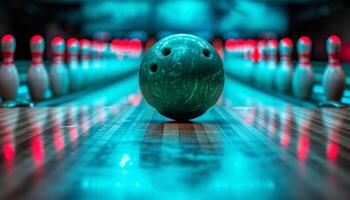 ai généré une vert bowling Balle frappe autre bowling épingles photo