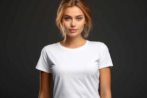 ai généré une magnifique Jeune femme dans une blanc T-shirt photo