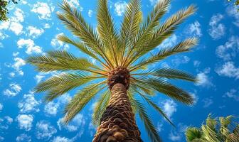 ai généré majestueux Date paumes atteindre à le bleu ciel photo