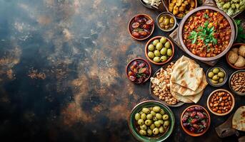 ai généré Haut vue de traditionnel iftar avec Rendez-vous et Olives photo