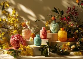 ai généré produits de beauté avec floral flair dans studio afficher photo