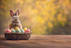 ai généré Pâques lapin avec une coloré panier de des œufs photo