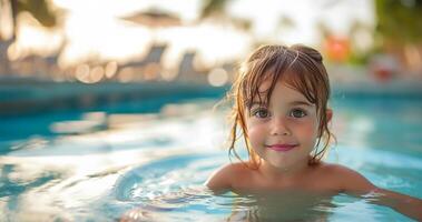 ai généré enfant ayant amusement dans Hôtel nager bassin photo