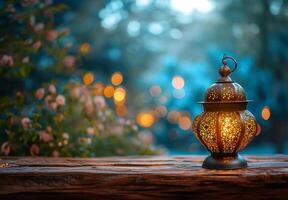 ai généré Ramadan reflets, lanterne sur en bois table avec magnifique toile de fond photo