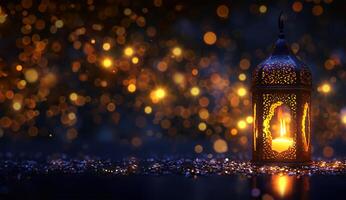 ai généré embrasé arabe lanterne avec bougie et d'or bokeh pour Ramadan kareem photo