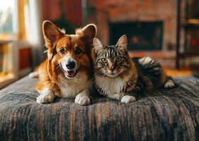 ai généré une chien et chats joyeux liaison photo