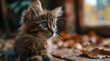 ai généré une portrait de un adorable duveteux chaton, papillon repos sur ses nez, émeraude yeux concentré photo