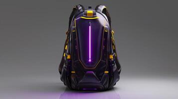 ai généré une futuriste femme sac conception, lisse et innovant forme, primaire couleurs violet et Jaune. métallique accents, holographique textures, néon éclairage effets. photo