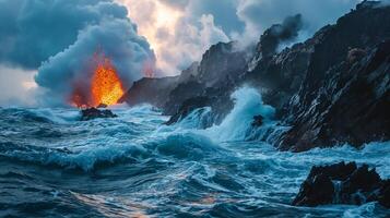 ai généré apocalyptique vision de une volcan éclater photo