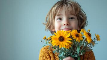 ai généré garçon avec fleur bouquet sur minimaliste Contexte avec copie espace photo
