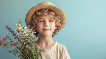 ai généré garçon avec fleur bouquet sur minimaliste Contexte avec copie espace photo