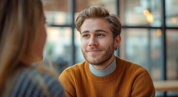 ai généré une homme pourparlers à propos le sien posséder expérience sur un entretien avec une femme photo