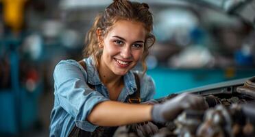 ai généré femelle mécanicien souriant tandis que travail sur une voiture photo