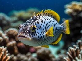 ai généré fermer de magnifique coloré poisson dans le océan, animal arrière-plan, puffer poisson, aquarium photo