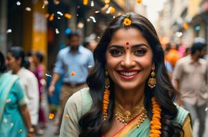 ai généré portrait de magnifique Indien femme souriant dans traditionnel vêtements, célébrer dans le rue, hindou de fête concept Contexte photo