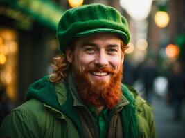 ai généré portrait de gingembre homme avec Orange barbe dans st. patrick's vert costume, de fête mode Contexte photo