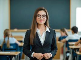 ai généré portrait de jolie femelle professeur avec des lunettes dans le Salle de classe, gens Contexte photo