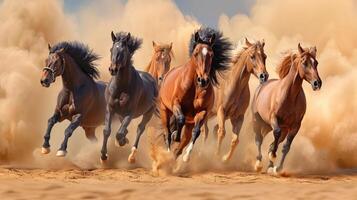 ai généré groupe de les chevaux fonctionnement galop dans le désert. photo