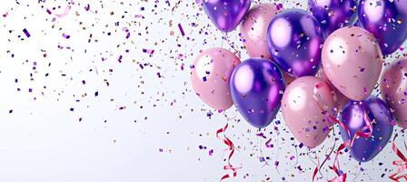 ai généré violet et rose métallique des ballons, confettis et rubans. de fête carte pour anniversaire faire la fête, anniversaire, Nouveau année ou autre événements. photo