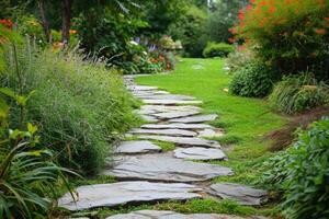 ai généré pierre marcher chemin dans le jardin. photo