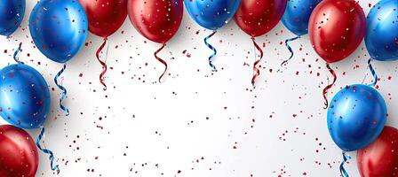 ai généré rouge et bleu métallique des ballons, confettis et rubans. de fête carte pour anniversaire faire la fête, anniversaire, Nouveau année ou autre événements. photo