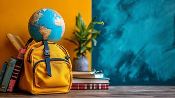 ai généré globe, livres et école sac sur minimaliste vif Contexte avec copie espace photo