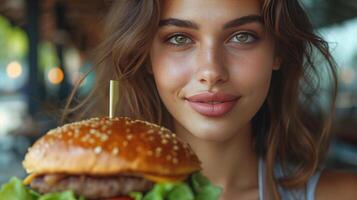 ai généré fermer portrait de magnifique Jeune brunette femme avec grand Burger photo