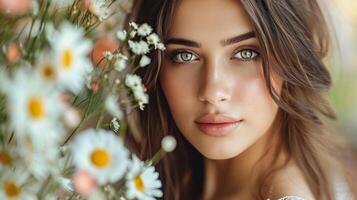 ai généré fermer portrait de magnifique Jeune brunette femme avec fleurs photo